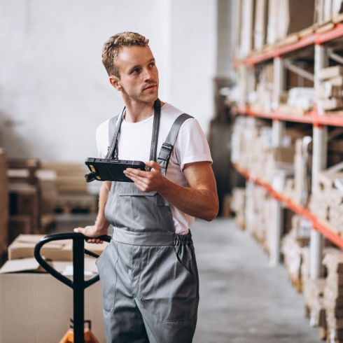 Young man working at a warehouse with boxes